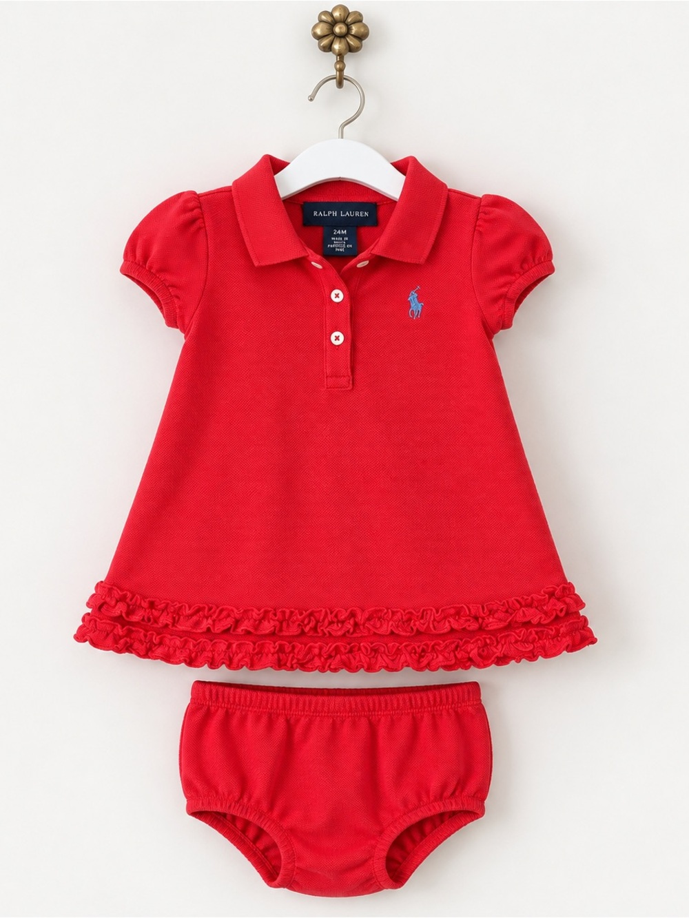 Ralph Lauren Baby Girls Red Polo Dress & Bloomer Set 12M